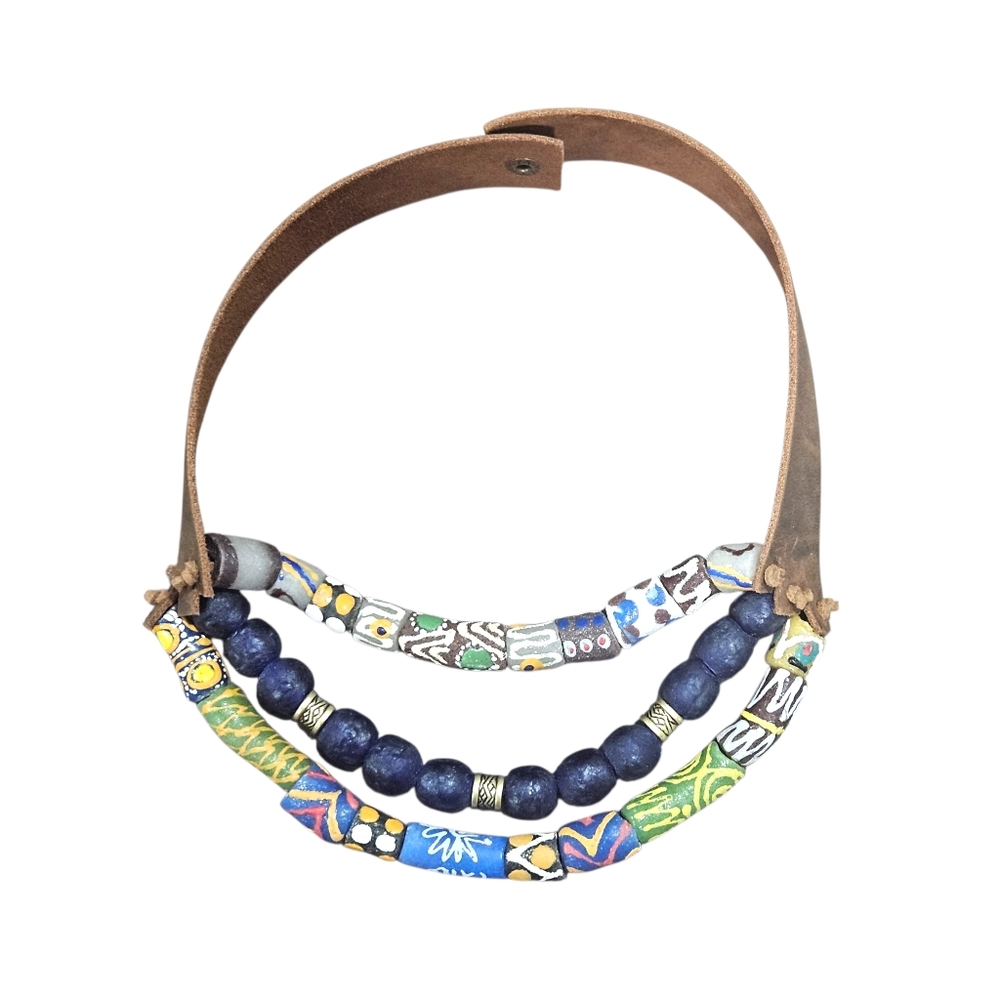 New Handmade Krobo Bead And Leather Necklace